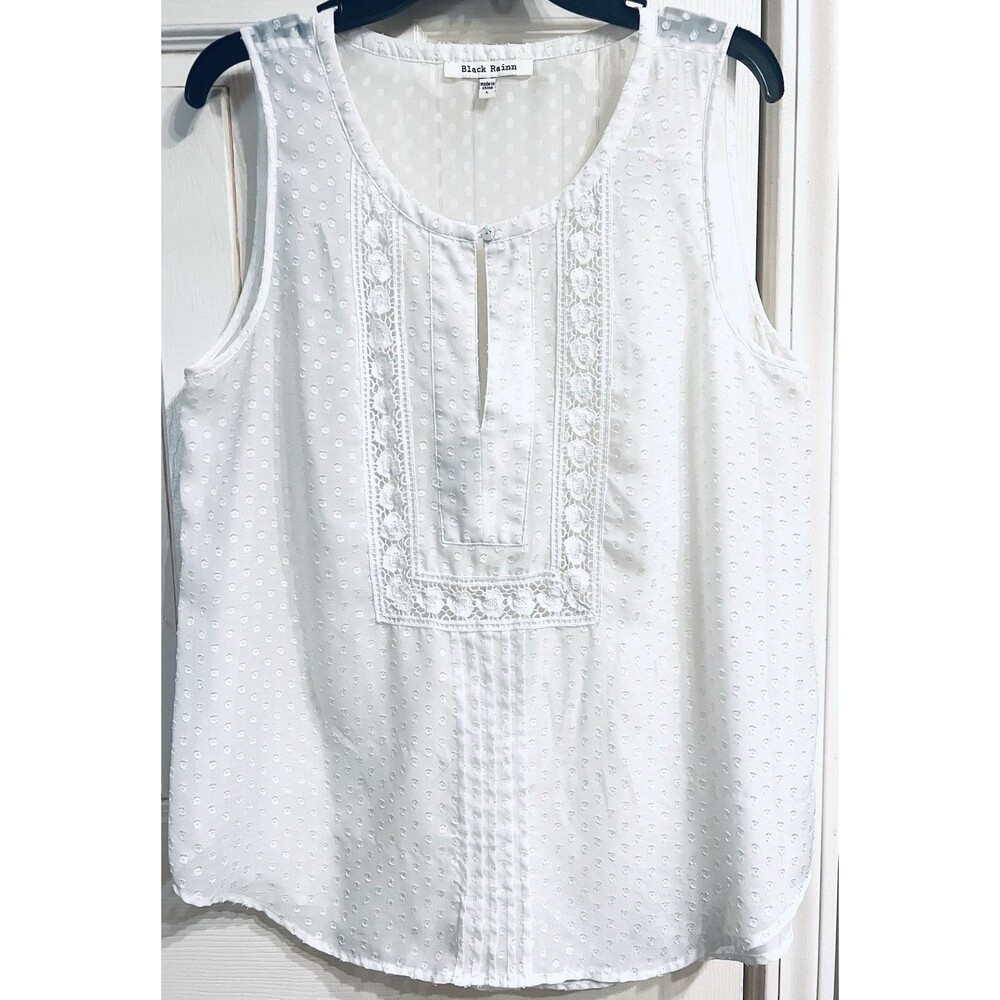 Black Rainn White Swiss Dot Lace Pintuck Sleeveless Blouse Top L Cottagecore EUC